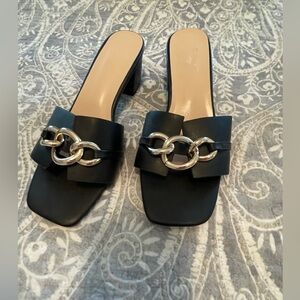 black square tow chunky heel slide mule sandals with gold chain buckles wide fit